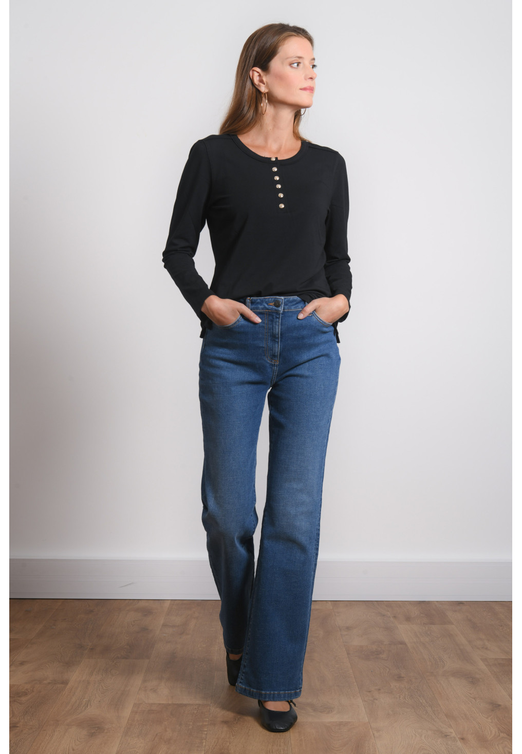 T-SHIRT COL TUNISIEN - REFIRO - NOIR - Antonelle