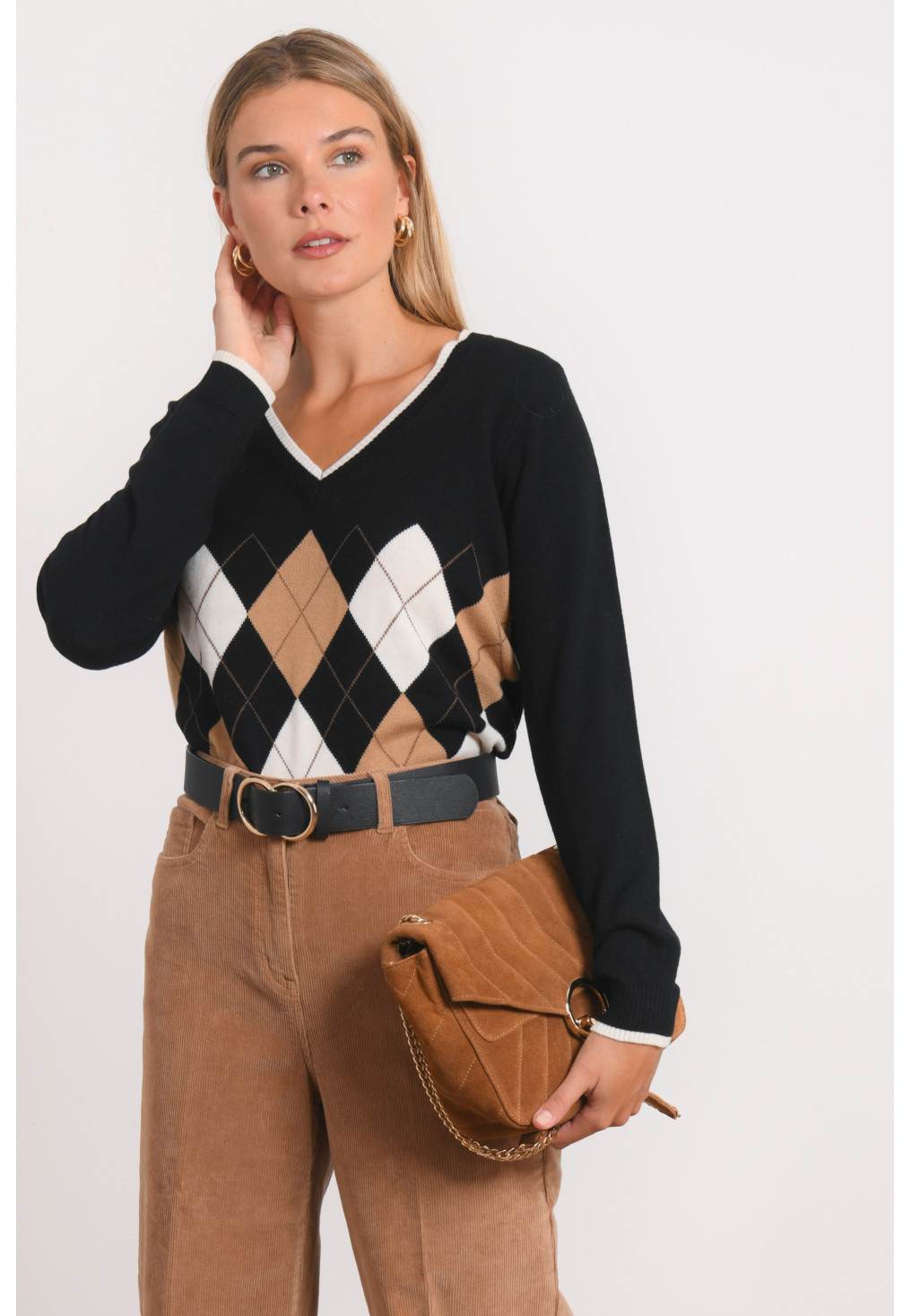 PULL COL V - RELINGTONE - NOIR/CAMEL - Antonelle