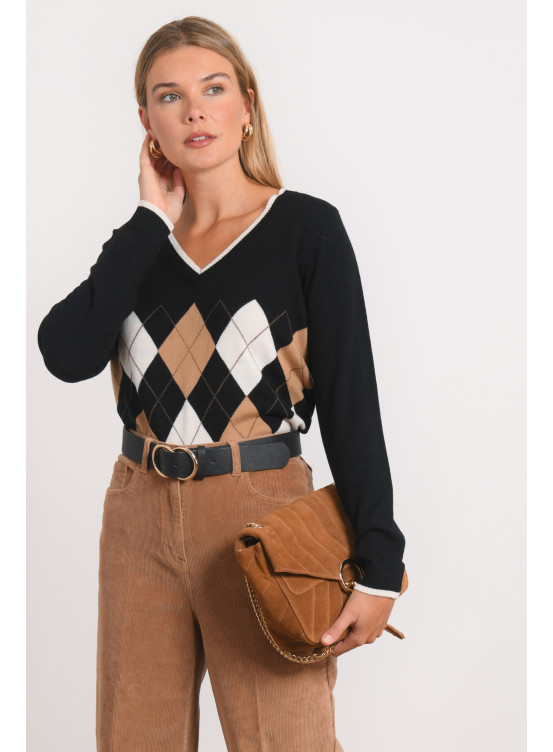 PULL COL V - RELINGTONE - NOIR/CAMEL - Antonelle