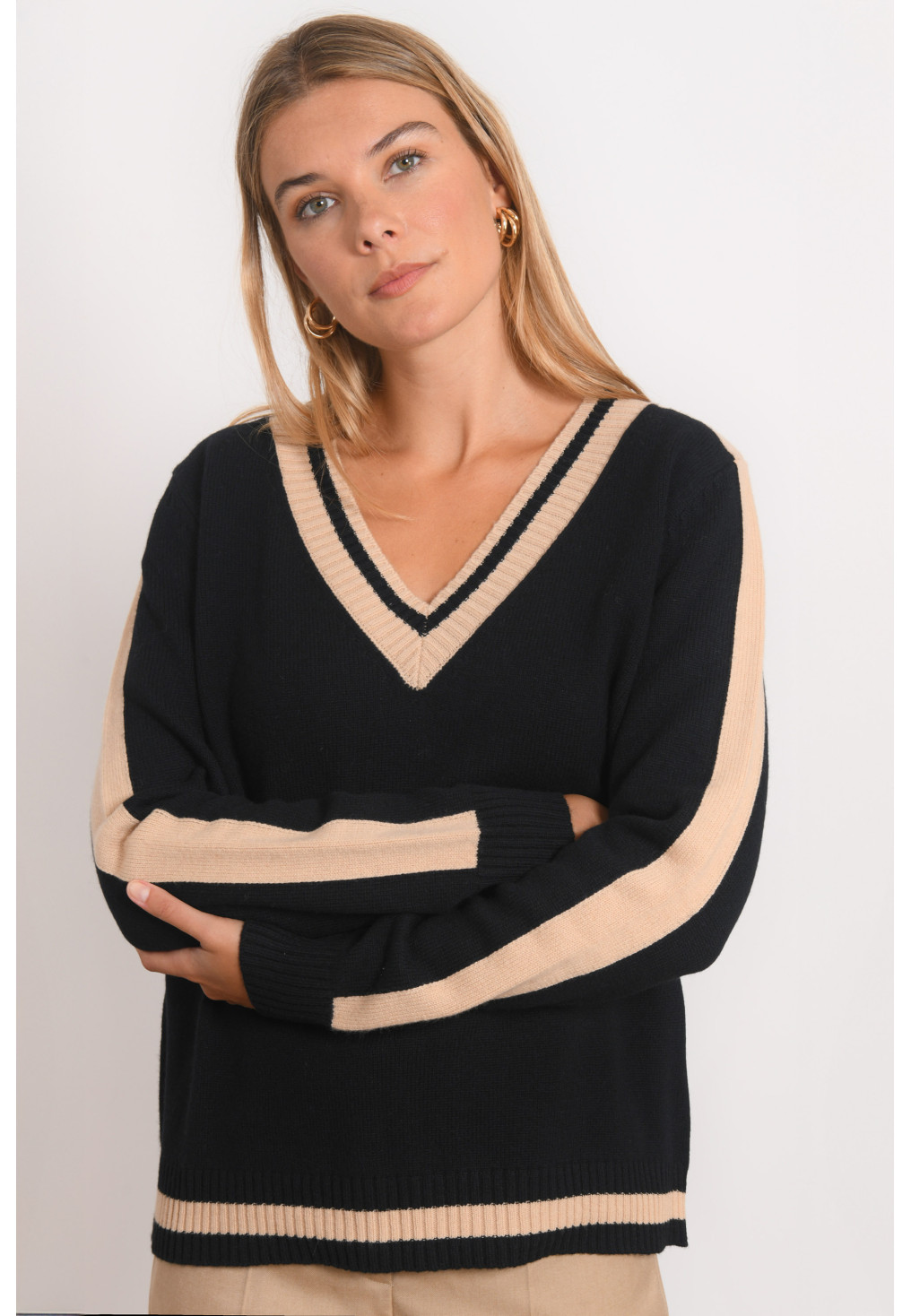 PULL COL V - REBIOS - NOIR/CAMEL - Antonelle