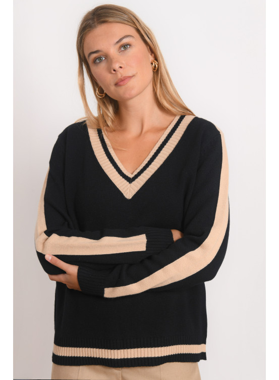 PULL COL V - REBIOS - NOIR/CAMEL - Antonelle