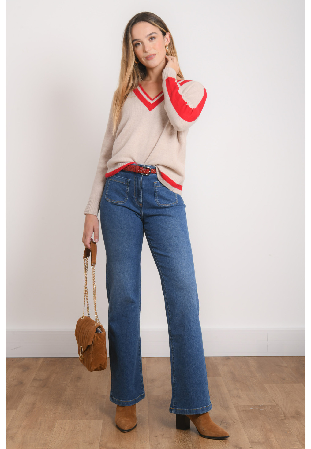 PULL COL V - REBIOS - BEIGE CHINE/CERISE - Antonelle