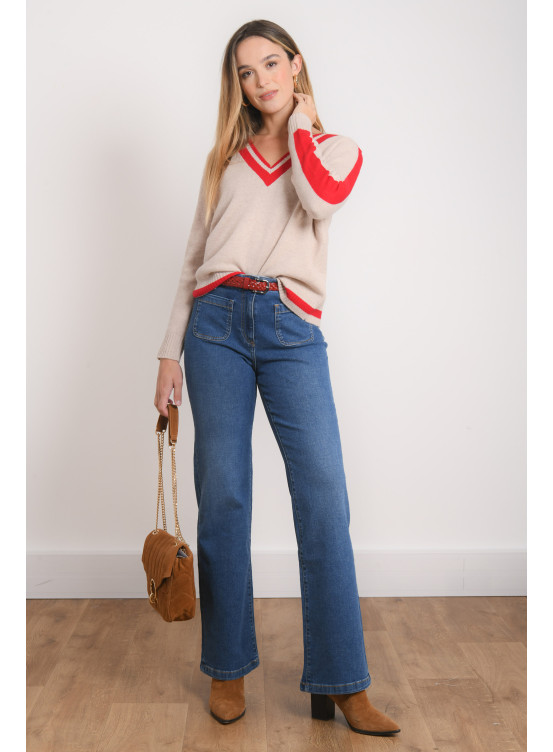 PULL COL V - REBIOS - BEIGE CHINE/CERISE - Antonelle